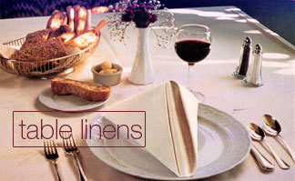 Table Linens: 100% spun polyester table linens, 50/50 blend poly/cotton linens, 100% us-made cotton lace table linens, disposable tablecloth protectors
